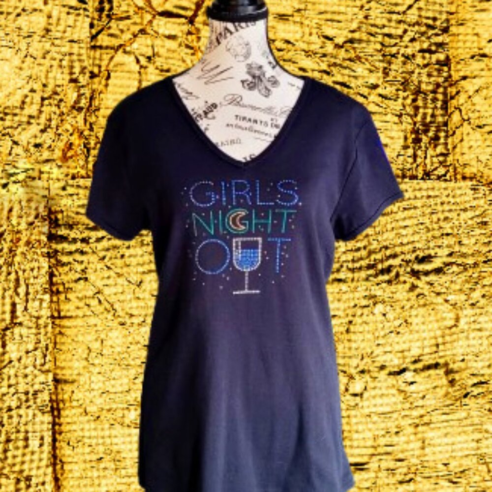 Ladies Black Short Sleeve Girls Night Out Rhinestone T-Shirt